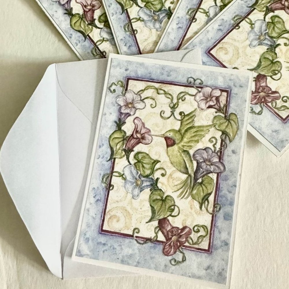 Set of 5 FLORAL HUMMINGBIRD handmade folded blank gift, greeting, journaling, no